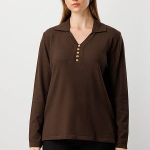 ON TRİKO Polo Yaka Süs Düğmeli Triko Kazak 65333-26k - kahve