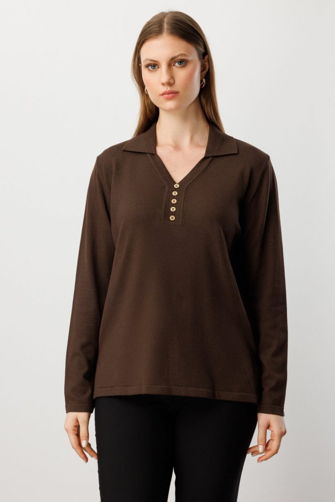 ON TRİKO Polo Yaka Süs Düğmeli Triko Kazak 65333-26k - kahve