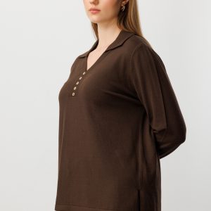 ON TRİKO Polo Yaka Süs Düğmeli Triko Kazak 65333-26k - kahve