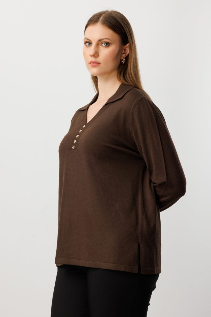 ON TRİKO Polo Yaka Süs Düğmeli Triko Kazak 65333-26k - kahve