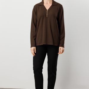 ON TRİKO Polo Yaka Süs Düğmeli Triko Kazak 65333-26k - kahve