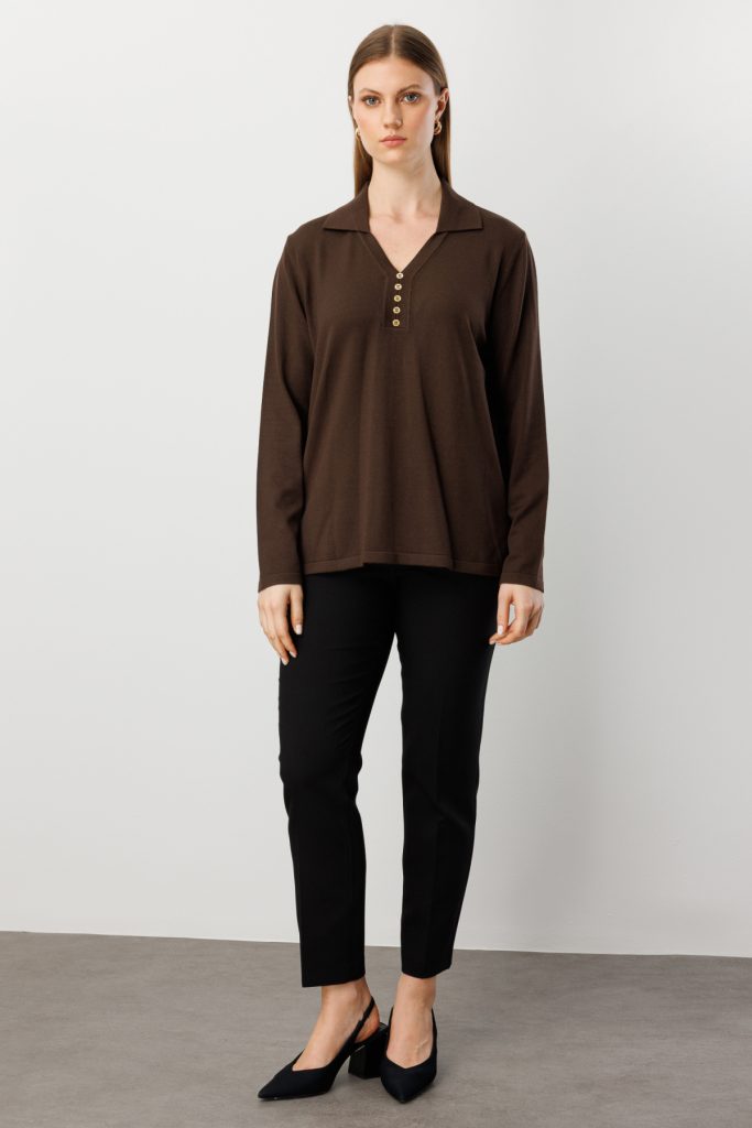 ON TRİKO Polo Yaka Süs Düğmeli Triko Kazak 65333-26k - kahve