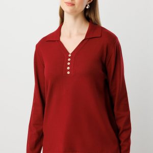 ON TRİKO Polo Yaka Süs Düğmeli Triko Kazak 65333-26k - bordo