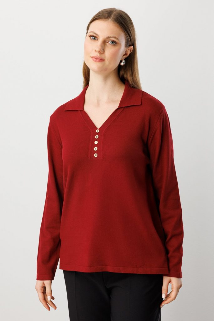 ON TRİKO Polo Yaka Süs Düğmeli Triko Kazak 65333-26k - bordo