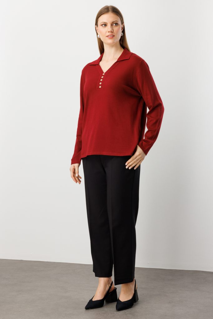 ON TRİKO Polo Yaka Süs Düğmeli Triko Kazak 65333-26k - bordo