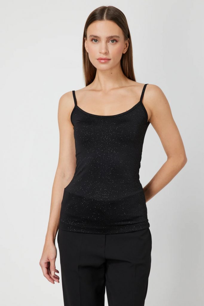 ON TRİKO Simli Kumaş Askılı Bluz 61391-26k - Siyah