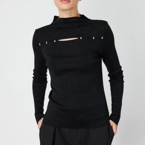 ON TRİKO Simli Kumaş Pencere Detaylı Triko Kazak 66309-26K - Siyah