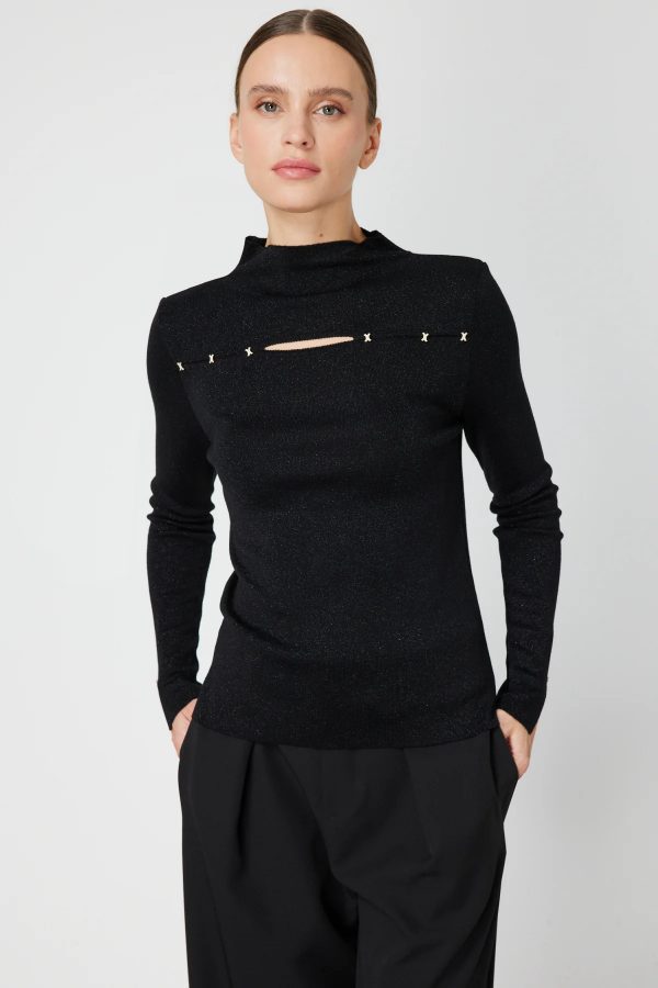 ON TRİKO Simli Kumaş Pencere Detaylı Triko Kazak 66309-26K