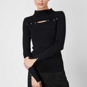 ON TRİKO Simli Kumaş Pencere Detaylı Triko Kazak 66309-26K - Siyah