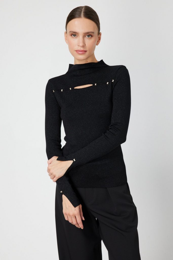 ON TRİKO Simli Kumaş Pencere Detaylı Triko Kazak 66309-26K - Siyah