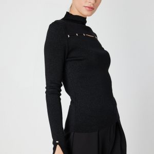 ON TRİKO Simli Kumaş Pencere Detaylı Triko Kazak 66309-26K - Siyah