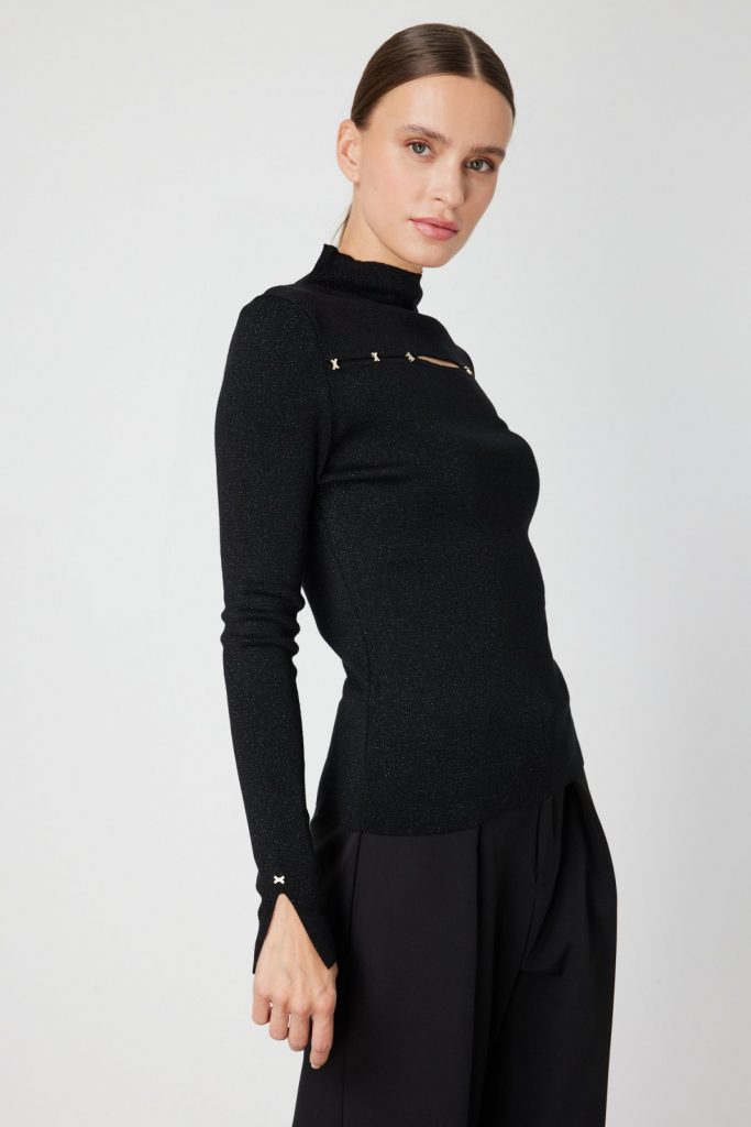 ON TRİKO Simli Kumaş Pencere Detaylı Triko Kazak 66309-26K - Siyah