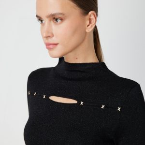 ON TRİKO Simli Kumaş Pencere Detaylı Triko Kazak 66309-26K - Siyah