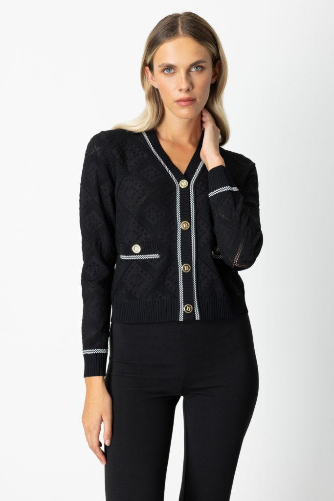 ON TRİKO V Yaka Kabartmalı Hırka 60950-26k - Siyah