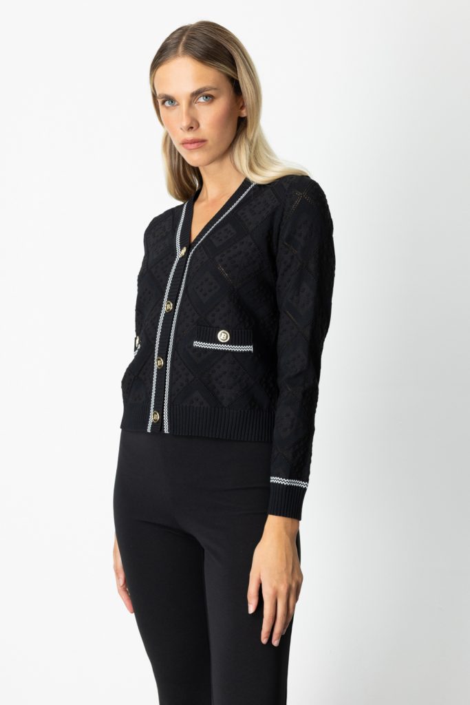 ON TRİKO V Yaka Kabartmalı Hırka 60950-26k - Siyah