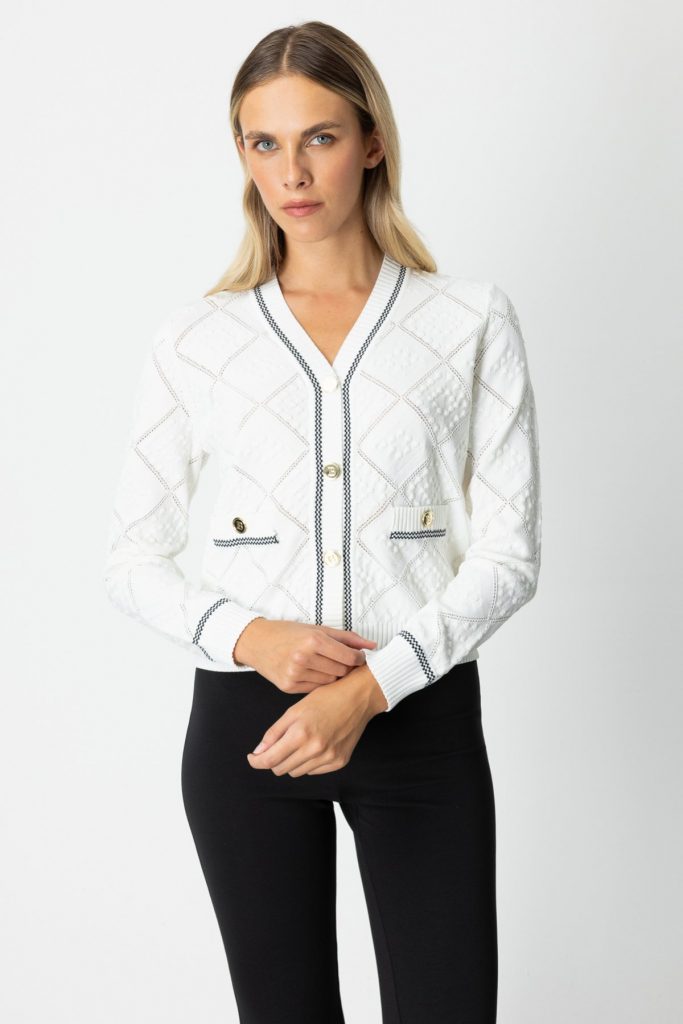 ON TRİKO V Yaka Kabartmalı Hırka 60950-26k - EKRU