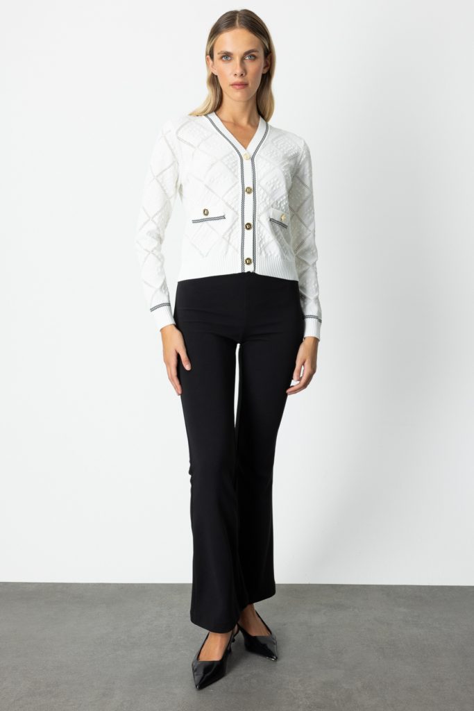 ON TRİKO V Yaka Kabartmalı Hırka 60950-26k - EKRU