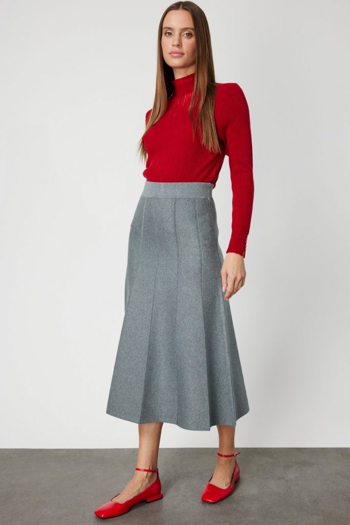 ON TRİKO Pileli Midi Triko Etek 65210-26k - GRİ