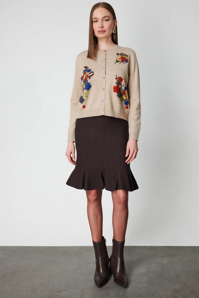 ON TRİKO Renkli Çiçek İşlemeli Triko Hırka 60939-26k - BEJ