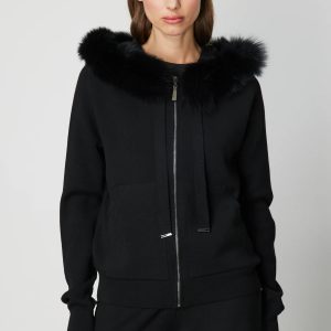 ON TRİKO Yakası Kürklü Fermuarlı Triko Hırka 63918 - Siyah