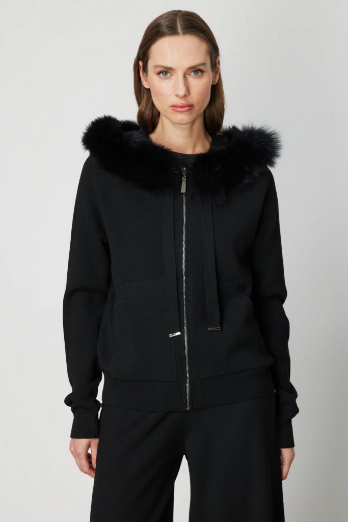 ON TRİKO Yakası Kürklü Fermuarlı Triko Hırka 63918 - Siyah