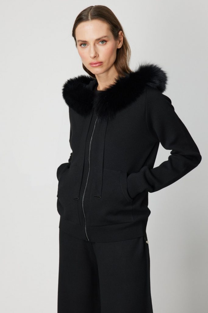 ON TRİKO Yakası Kürklü Fermuarlı Triko Hırka 63918 - Siyah