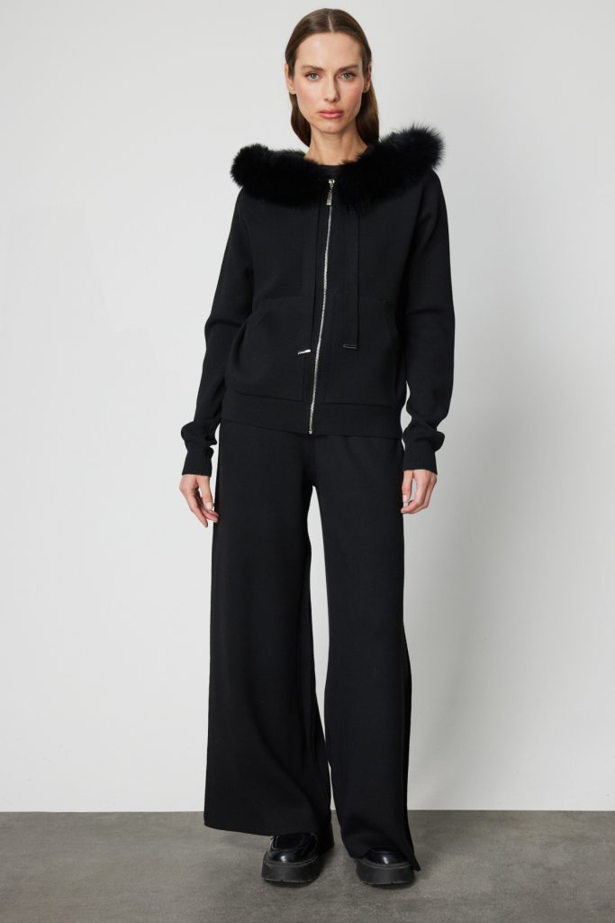 ON TRİKO Yakası Kürklü Fermuarlı Triko Hırka 63918 - Siyah