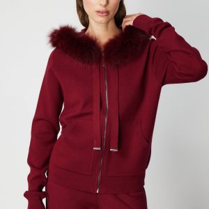 ON TRİKO Yakası Kürklü Fermuarlı Triko Hırka 63918 - bordo