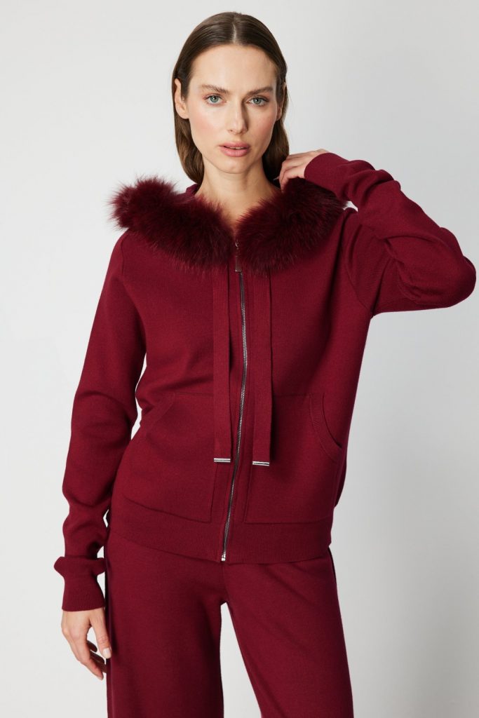 ON TRİKO Yakası Kürklü Fermuarlı Triko Hırka 63918 - bordo