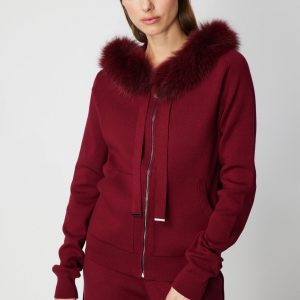 ON TRİKO Yakası Kürklü Fermuarlı Triko Hırka 63918 - bordo