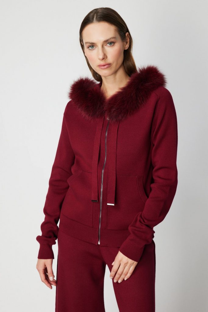 ON TRİKO Yakası Kürklü Fermuarlı Triko Hırka 63918 - bordo