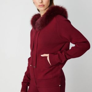 ON TRİKO Yakası Kürklü Fermuarlı Triko Hırka 63918 - bordo