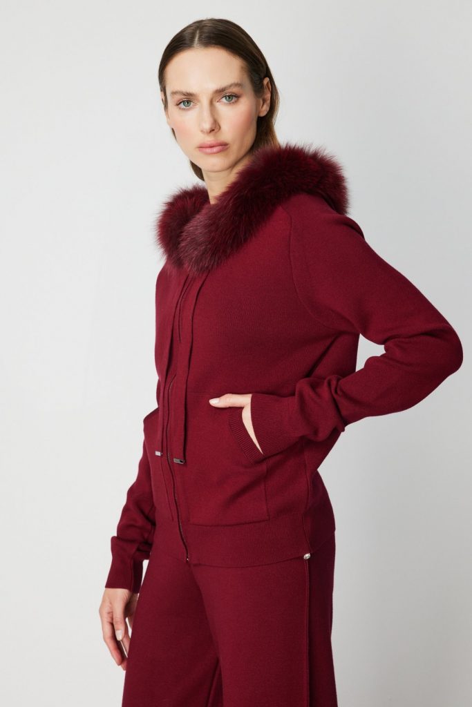 ON TRİKO Yakası Kürklü Fermuarlı Triko Hırka 63918 - bordo