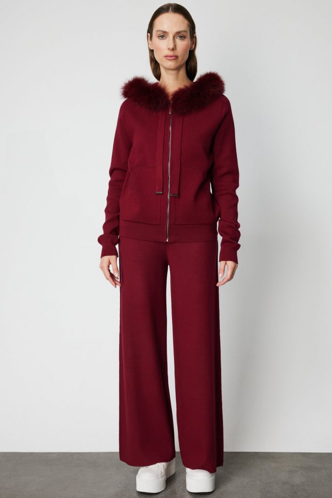 ON TRİKO Yakası Kürklü Fermuarlı Triko Hırka 63918 - bordo