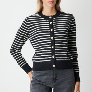 ON TRİKO Sıfır Yaka Çizgili Hırka 63901-26k - Siyah