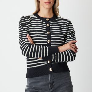 ON TRİKO Sıfır Yaka Çizgili Hırka 63901-26k - Siyah