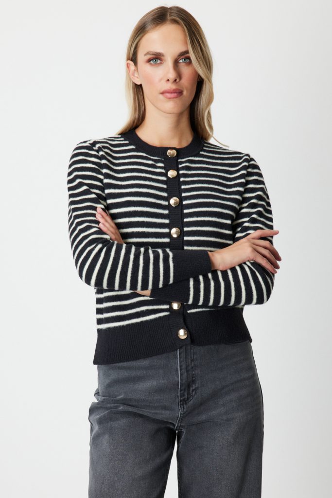 ON TRİKO Sıfır Yaka Çizgili Hırka 63901-26k - Siyah