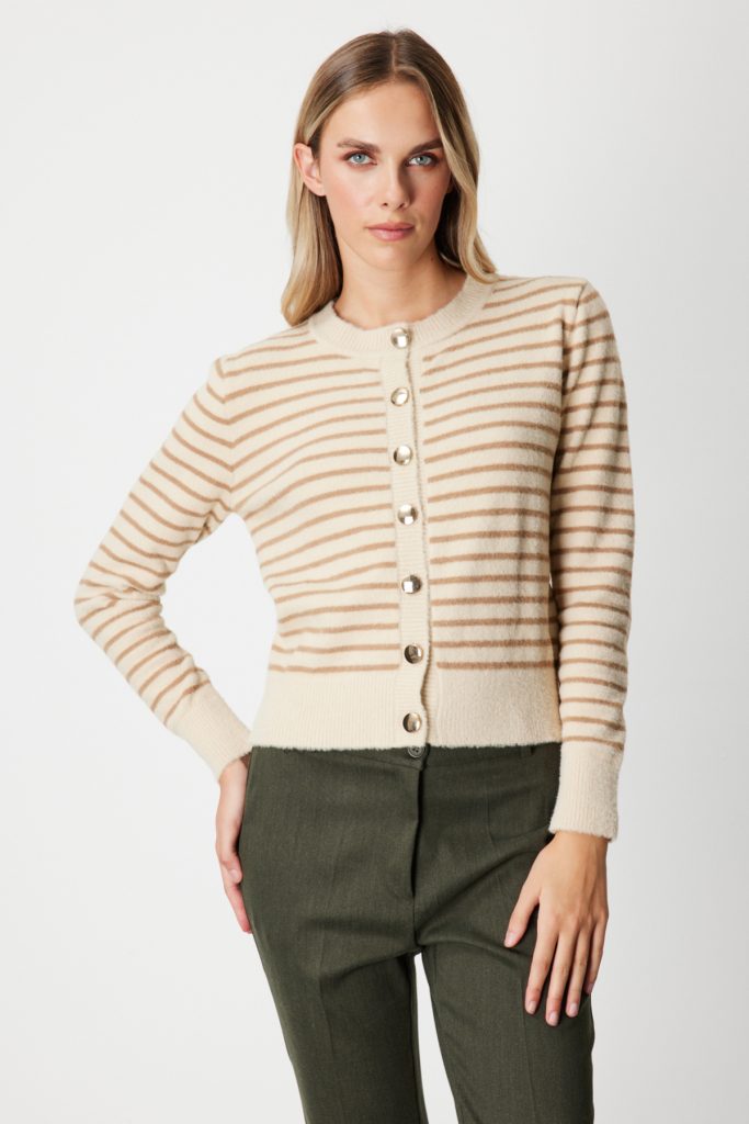 ON TRİKO Sıfır Yaka Çizgili Hırka 63901-26k - BEJ