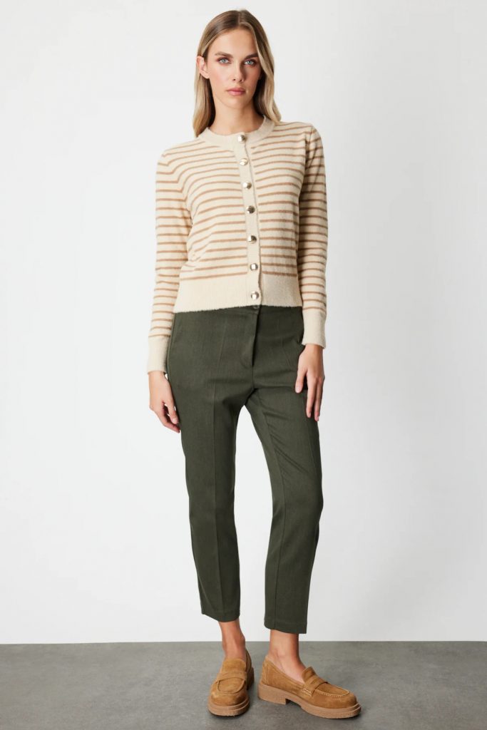 ON TRİKO Sıfır Yaka Çizgili Hırka 63901-26k - BEJ