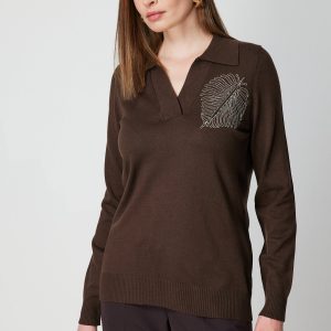 ON TRİKO Omzu Zincirli Yaprak Detaylı Triko Kazak 65334-26k - kahve