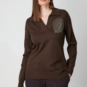 ON TRİKO Omzu Zincirli Yaprak Detaylı Triko Kazak 65334-26k - kahve