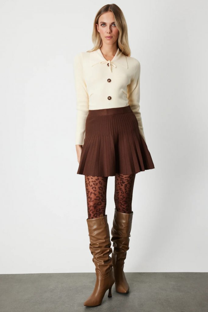 ON TRİKO Piliseli Mini Triko Etek 60203-26k - kahve