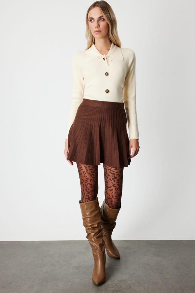 ON TRİKO Piliseli Mini Triko Etek 60203-26k - kahve