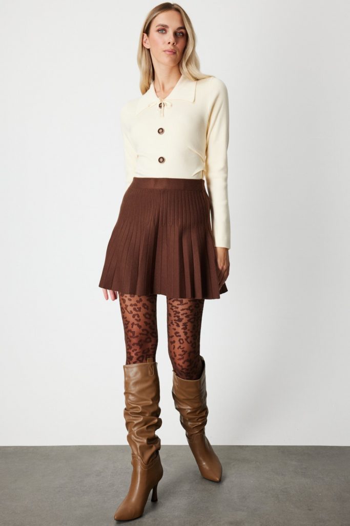 ON TRİKO Piliseli Mini Triko Etek 60203-26k - kahve