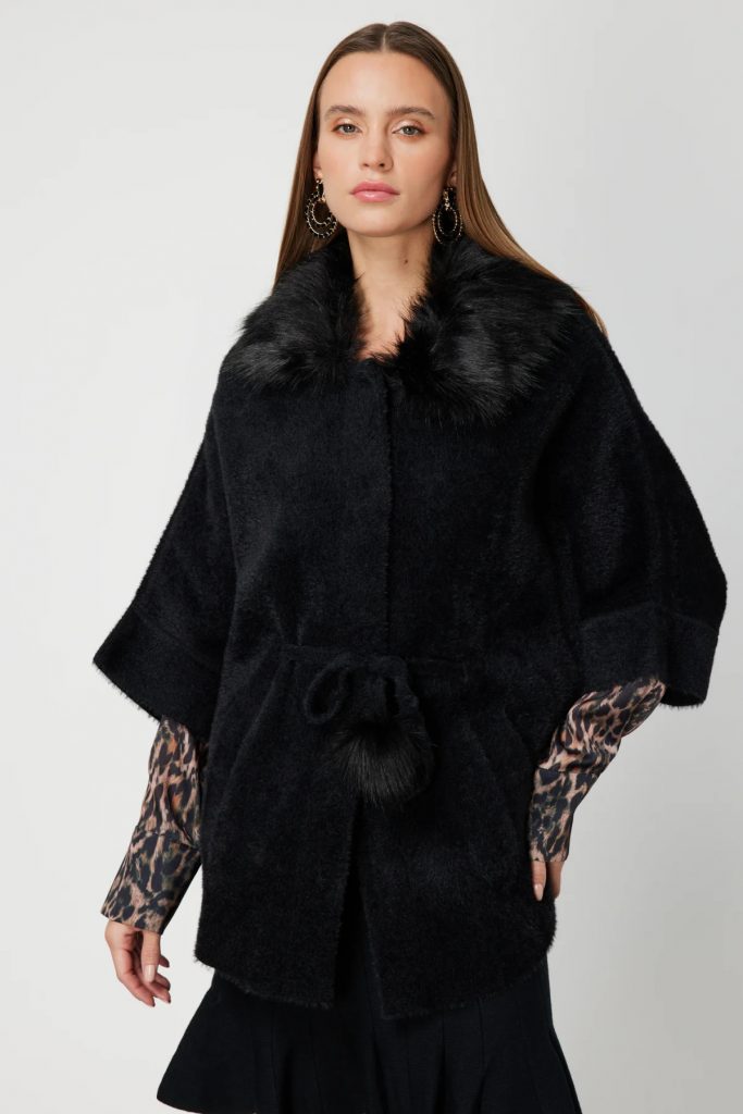 ON TRİKO Yakası Kürklü Peluş Hırka 63915-26k - Siyah