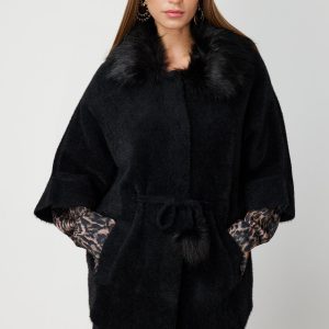 ON TRİKO Yakası Kürklü Peluş Hırka 63915-26k - Siyah