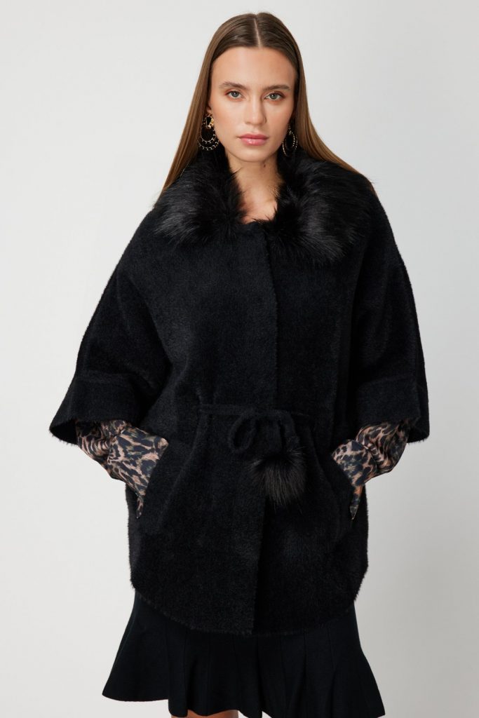 ON TRİKO Yakası Kürklü Peluş Hırka 63915-26k - Siyah