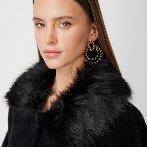 ON TRİKO Yakası Kürklü Peluş Hırka 63915-26k - Siyah