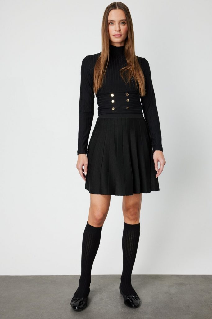 ON TRİKO Pileli Mini Triko Etek 65203-26k - Siyah