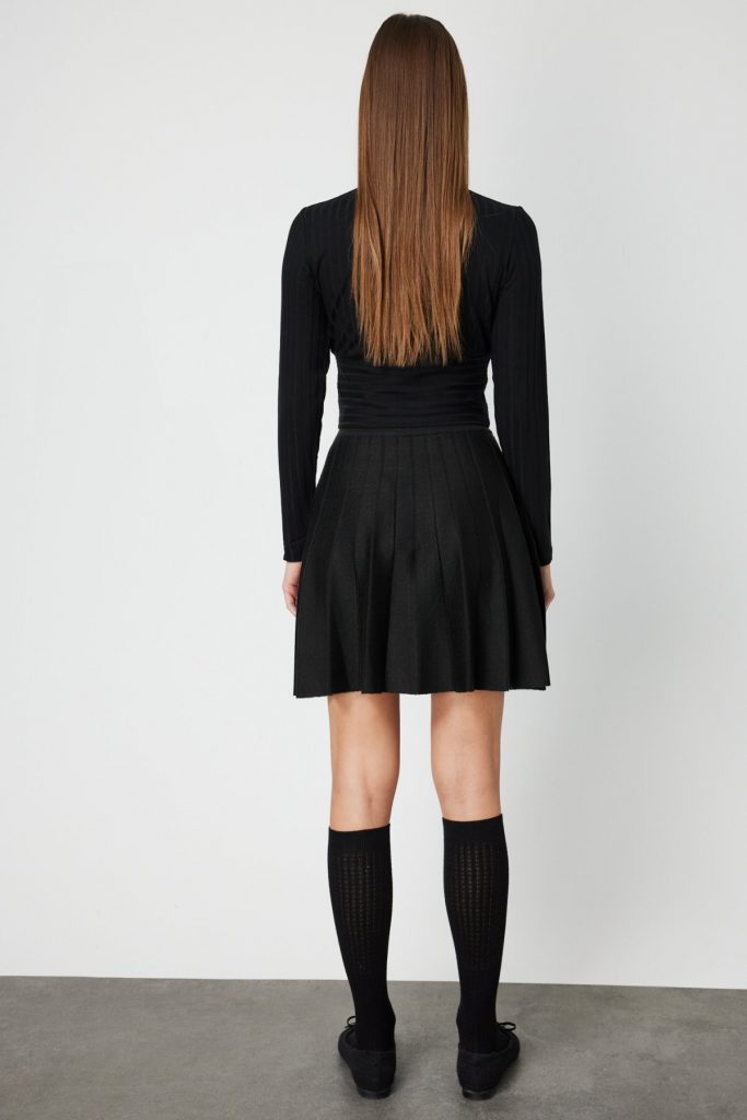 ON TRİKO Pileli Mini Triko Etek 65203-26k - Siyah